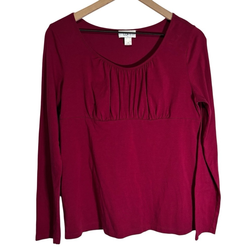 LOFT Red Long Sleeve Babydoll Peasant Crewneck Top Women's Size Medium